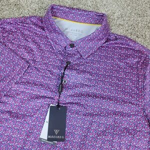 NWT Maelreg Mens Large Red Blue AOP Geometric Performance Stretch Golf Polo SS